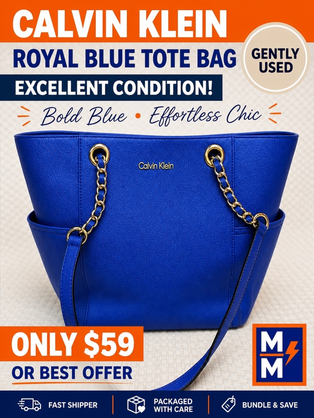 Calvin Klein Royal Blue Tote Bag • Gold Chain Strap • Like New • Work Chic
